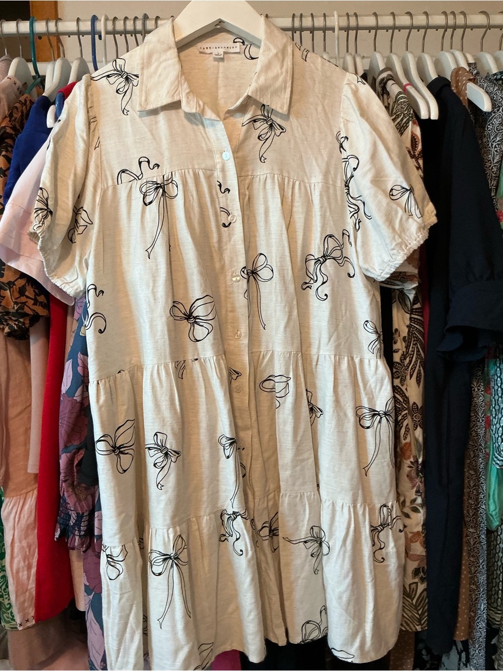 Jane and Delancey Cream Button-Front Tiered Dress Black Bow Print size large